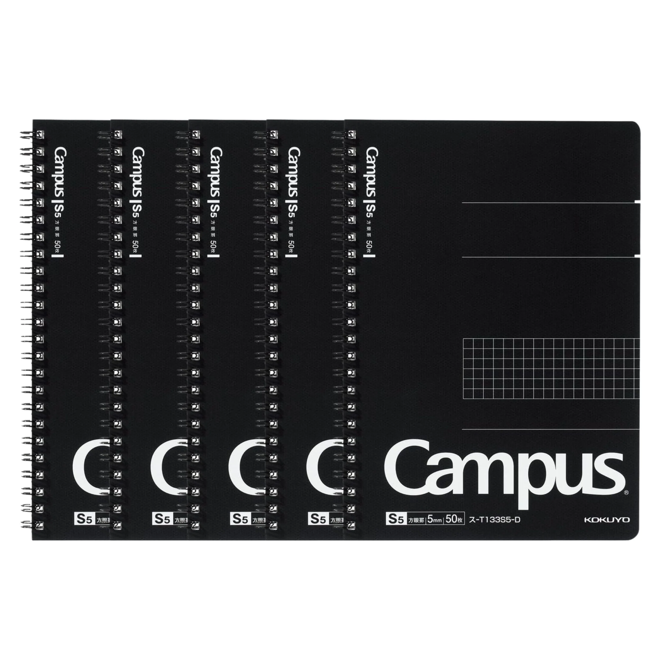 Campus ツインリングノート A5（方眼切り取り罫 5mm）ブラック - 50枚 - 5冊パック